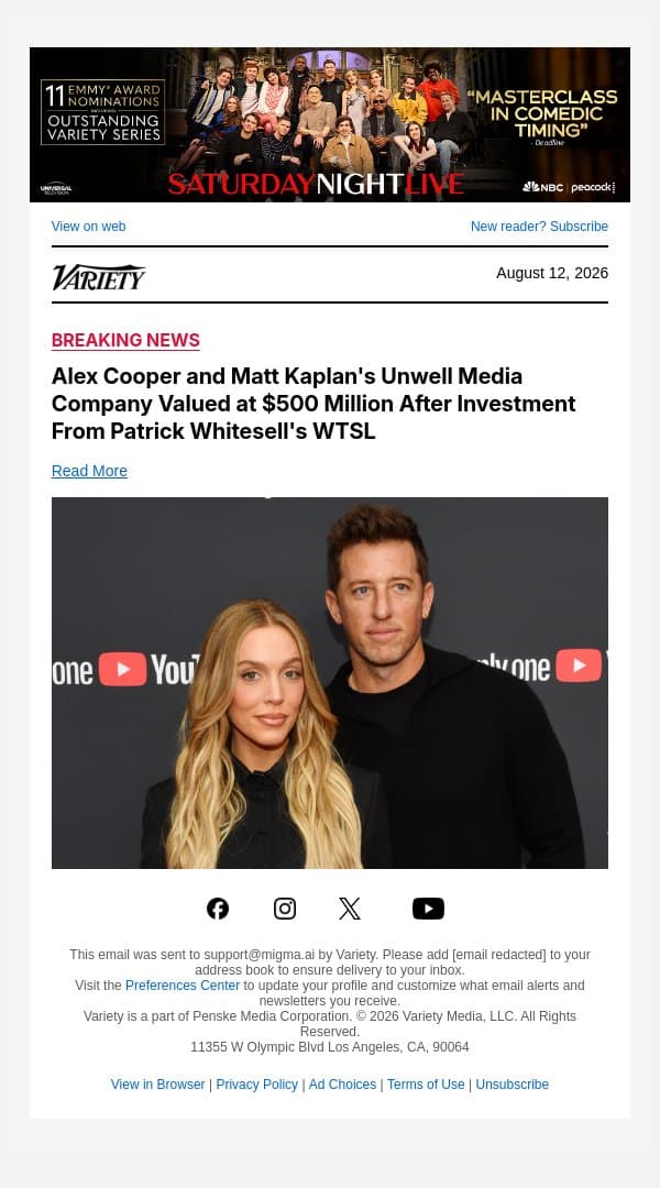 Alex Cooper and Matt Kaplan's Unwell Media Company Valued at $500 Million After Investment From Patrick Whitesell's WTSL email from Variety screenshot