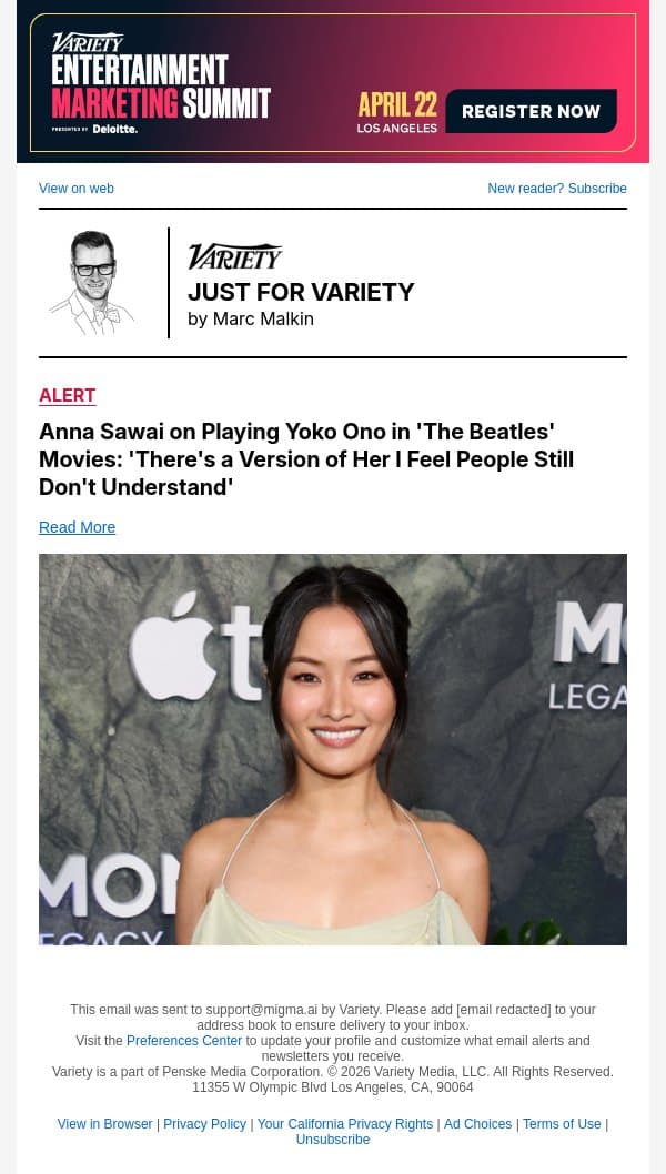 Anna Sawai on Playing Yoko Ono in 'The Beatles' Movies: 'There's a Version of Her I Feel People Still Don't Understand' email from Variety screenshot