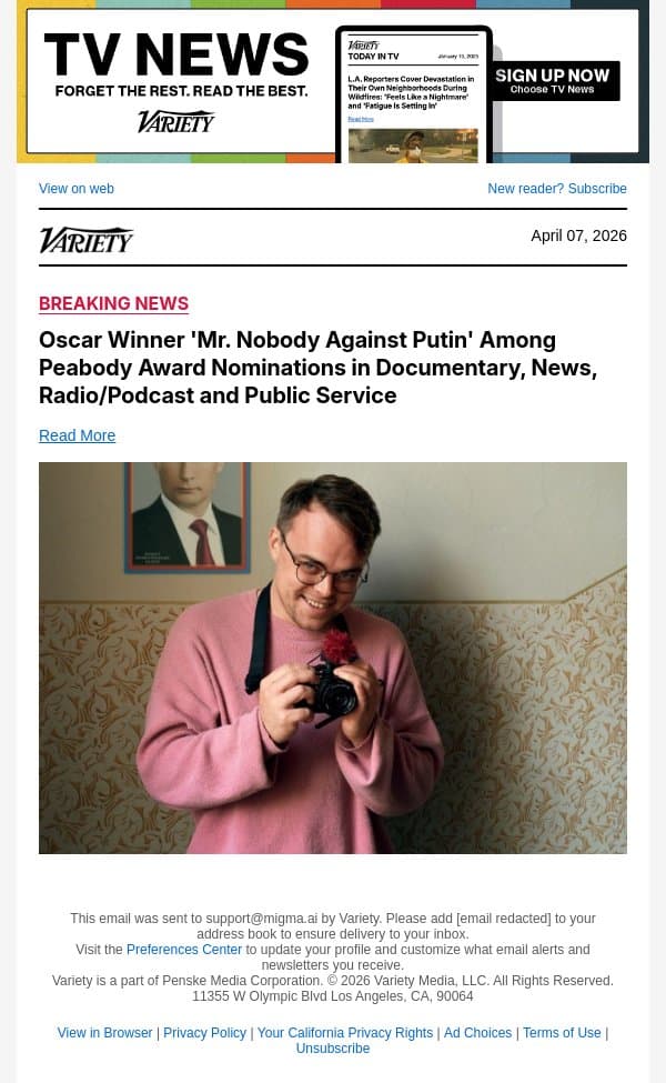 Oscar Winner 'Mr. Nobody Against Putin' Among Peabody Award Nominations in Documentary, News, Radio/Podcast and Public Service email from Variety screenshot