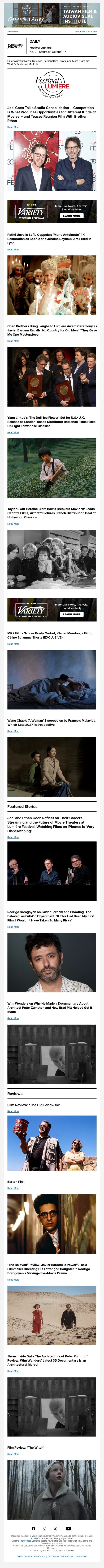 Joel Coen on Studio Consolidation; Jérôme, Sophie Seydoux Tribute; Coen Brothers’ Lumière Award Laugh Fest email from Variety screenshot