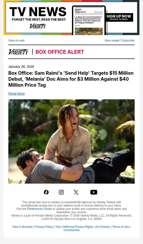 Box Office: Sam Raimi's 'Send Help' Targets $15 Million Debut, 'Melania' Doc Aims for $3 Million Against $40 Million Price Tag email from Variety screenshot