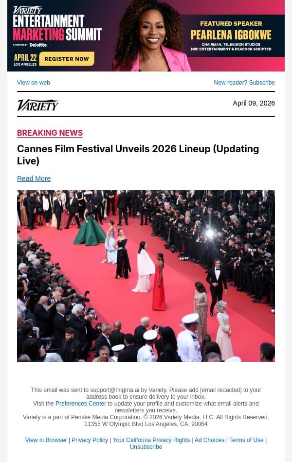Cannes Film Festival Unveils 2026 Lineup (Updating Live) email from Variety screenshot