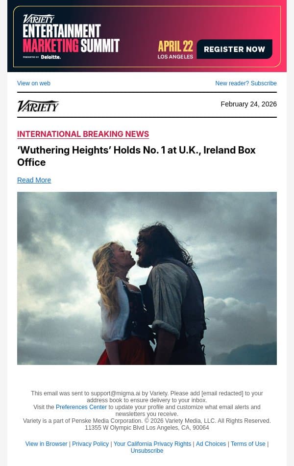 ‘Wuthering Heights’ Holds No. 1 at U.K., Ireland Box Office email from Variety screenshot