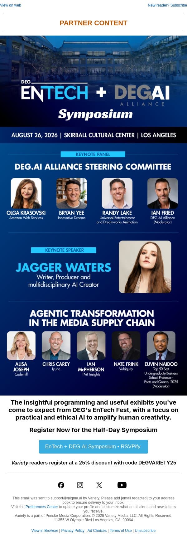 Get Inside AI With AWS, Innovative Dreams, NBCU and More at DEG’s EnTech + DEG.AI Symposium August 26 email from Variety screenshot