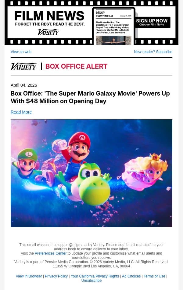 Box Office: 'The Super Mario Galaxy Movie' Powers Up With $48 Million on Opening Day email from Variety screenshot