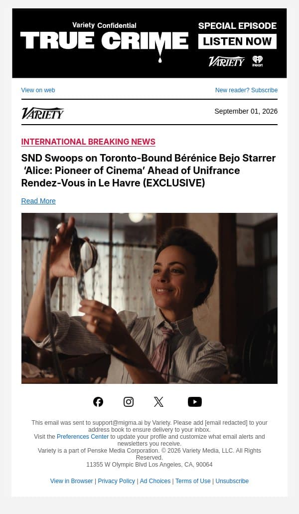SND Swoops on Toronto-Bound Bérénice Bejo Starrer ‘Alice: Pioneer of Cinema’ Ahead of Unifrance Rendez-Vous in Le Havre (EXCLUSIVE) email from Variety screenshot