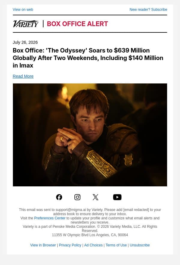Box Office: 'The Odyssey' Soars to $639 Million Globally After Two Weekends, Including $140 Million in Imax email from Variety screenshot
