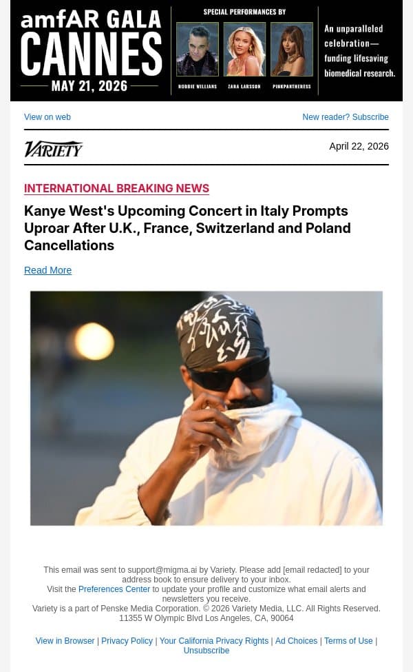 Kanye West's Upcoming Concert in Italy Prompts Uproar After U.K., France, Switzerland and Poland Cancellations email from Variety screenshot