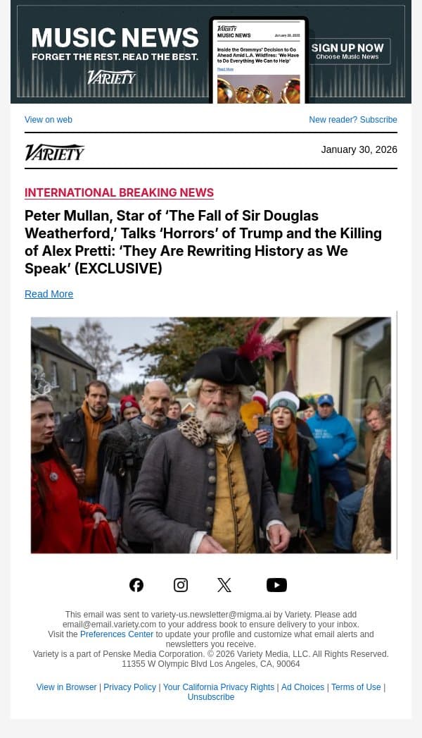 Peter Mullan, Star of ‘The Fall of Sir Douglas Weatherford,’ Talks ‘Horrors’ of Trump and the Killing of Alex Pretti: ‘They Are Rewriting History as We Speak’ (EXCLUSIVE) email from Variety screenshot