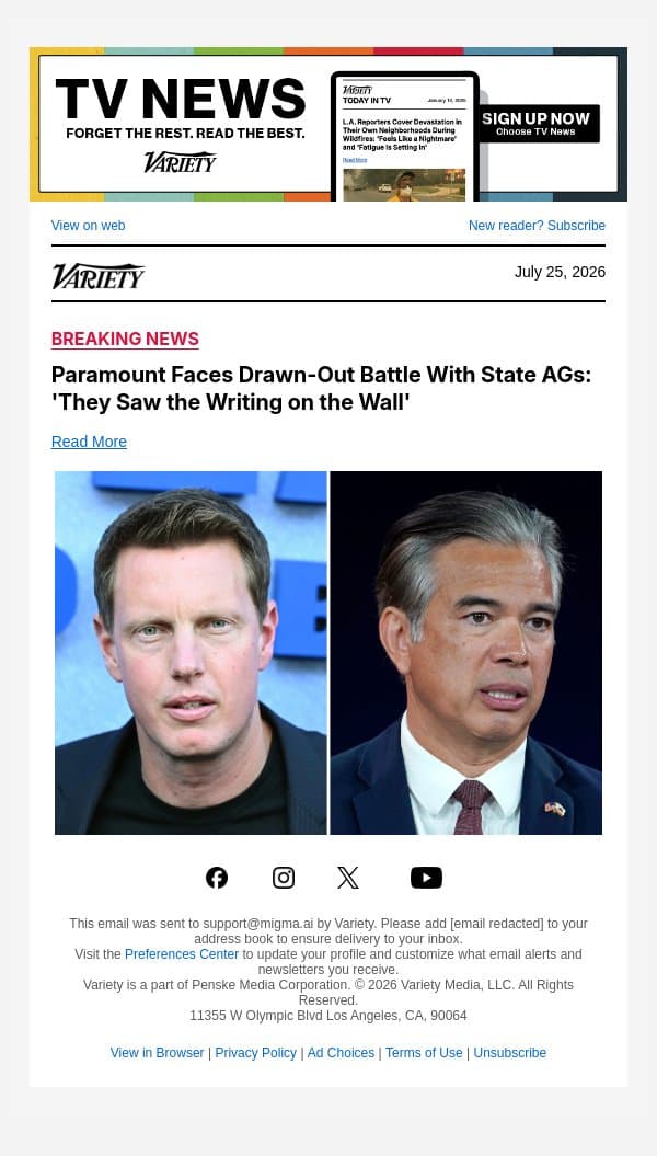 Paramount Faces Drawn-Out Battle With State AGs: 'They Saw the Writing on the Wall' email from Variety screenshot