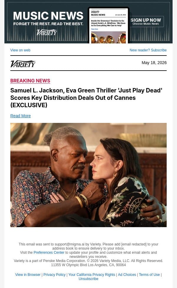 Samuel L. Jackson, Eva Green Thriller 'Just Play Dead' Scores Key Distribution Deals Out of Cannes (EXCLUSIVE) email from Variety screenshot