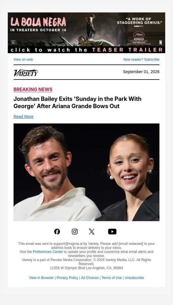 Jonathan Bailey Exits 'Sunday in the Park With George' After Ariana Grande Bows Out email from Variety screenshot