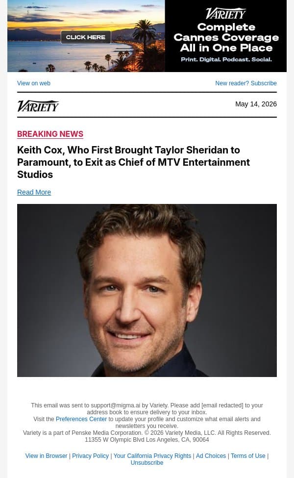 Keith Cox, Who First Brought Taylor Sheridan to Paramount, to Exit as Chief of MTV Entertainment Studios email from Variety screenshot