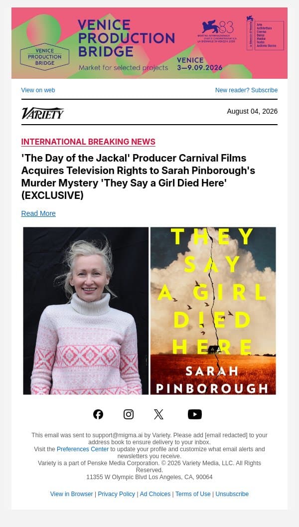 'The Day of the Jackal' Producer Carnival Films Acquires Television Rights to Sarah Pinborough's Murder Mystery 'They Say a Girl Died Here' (EXCLUSIVE) email from Variety screenshot
