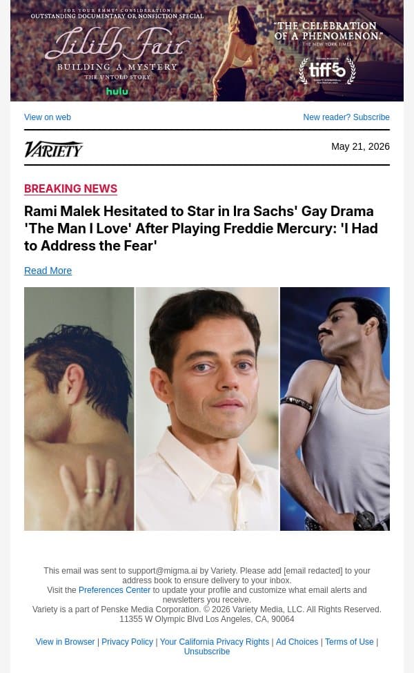 Rami Malek Hesitated to Star in Ira Sachs' Gay Drama 'The Man I Love' After Playing Freddie Mercury: 'I Had to Address the Fear' email from Variety screenshot