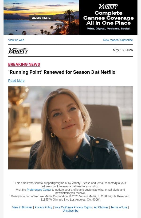 'Running Point' Renewed for Season 3 at Netflix email from Variety screenshot