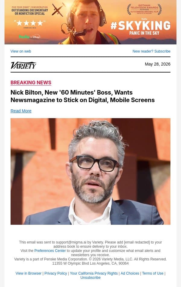 Nick Bilton, New '60 Minutes' Boss, Wants Newsmagazine to Stick on Digital, Mobile Screens email from Variety screenshot