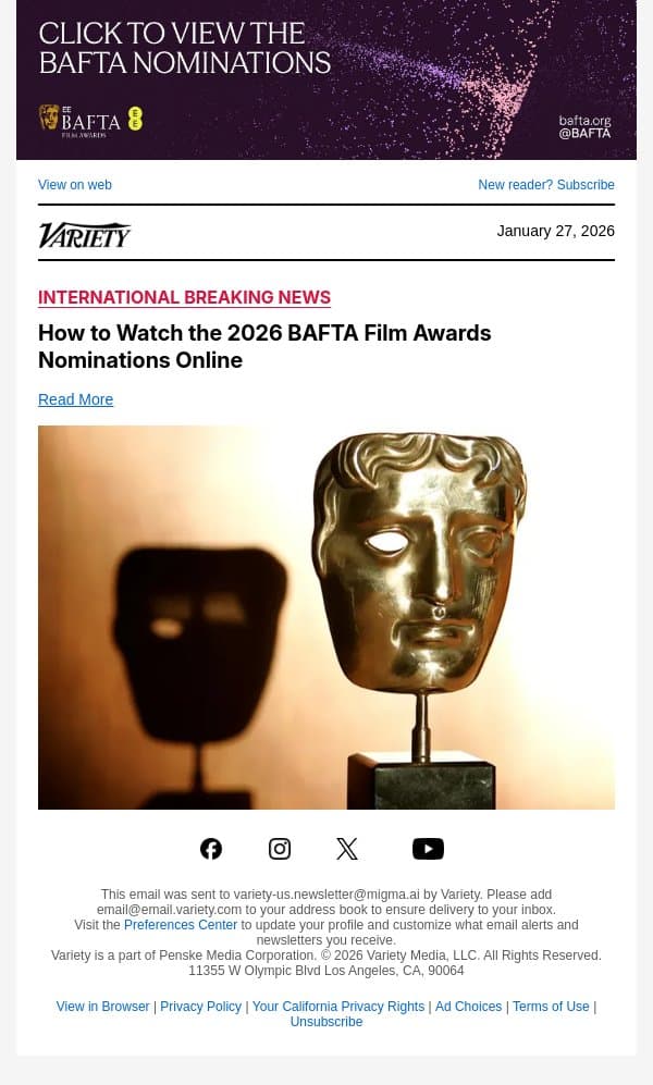 How to Watch the 2026 BAFTA Film Awards Nominations Online email from Variety screenshot