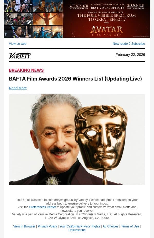 BAFTA Film Awards 2026 Winners List (Updating Live) email from Variety screenshot