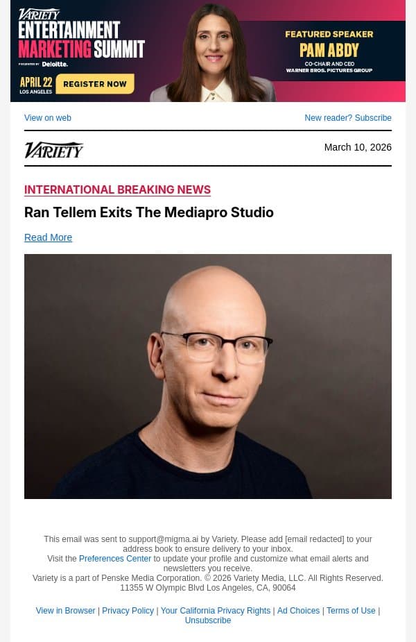 Ran Tellem Exits The Mediapro Studio email from Variety screenshot