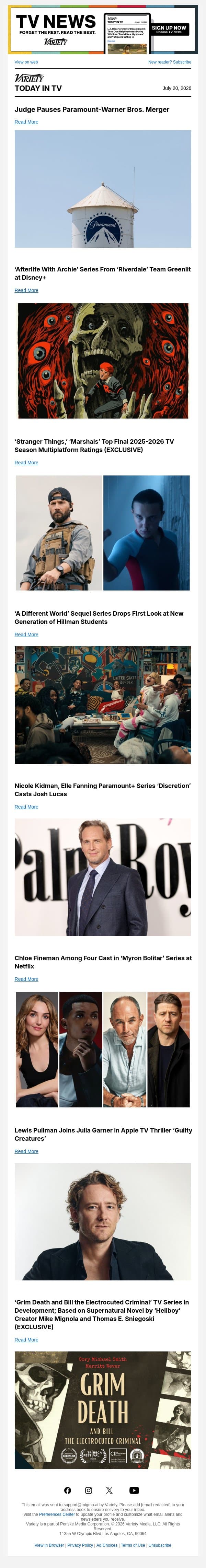 Paramount-WB Merger Paused; ‘Afterlife With Archie’ Series; TV Season Multiplatform Ratings email from Variety screenshot