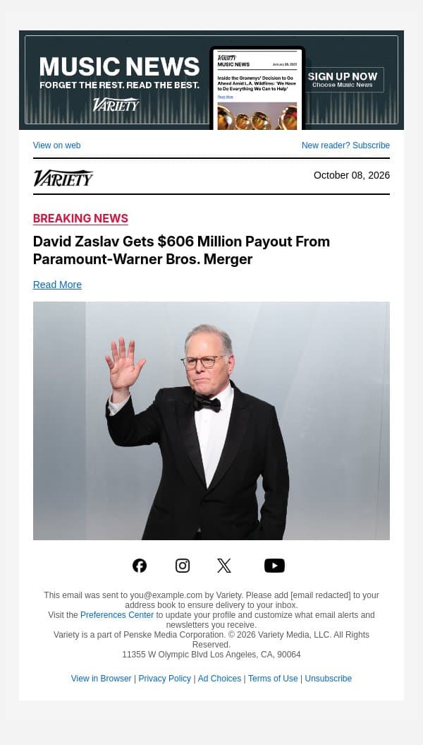 David Zaslav Gets $606 Million Payout From Paramount-Warner Bros. Merger email from Variety screenshot