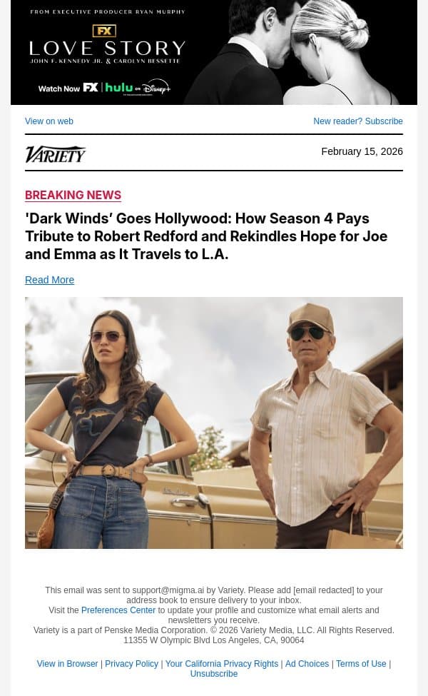 'Dark Winds’ Goes Hollywood: How Season 4 Pays Tribute to Robert Redford and Rekindles Hope for Joe and Emma as It Travels to L.A. email from Variety screenshot