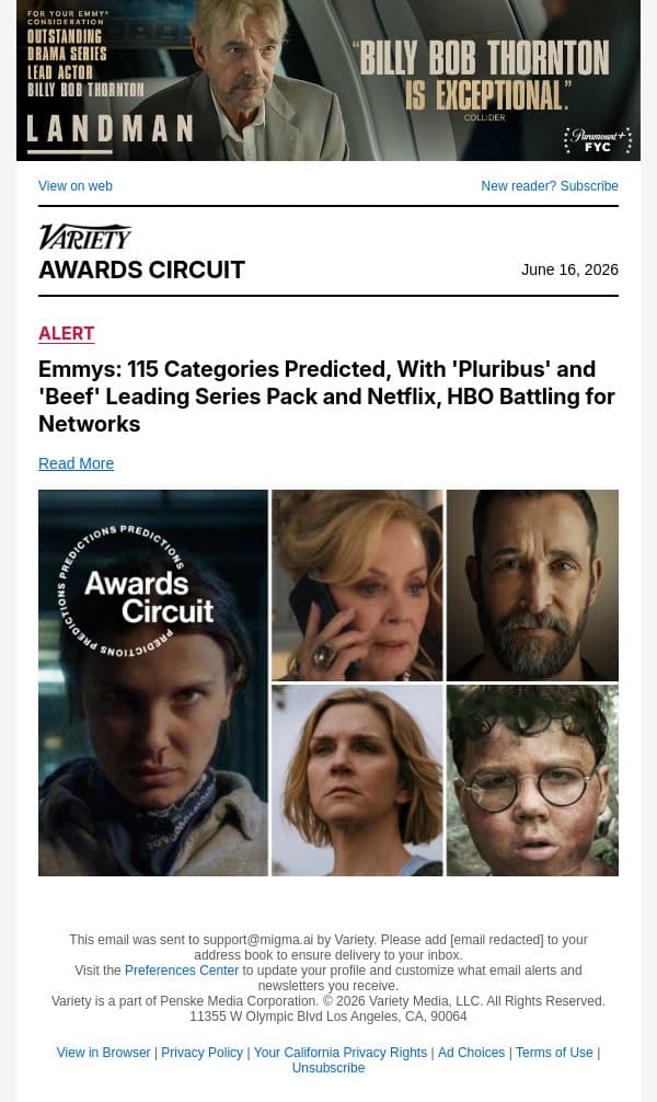 Emmys to Unveil All 2026 Nominations on July 8, Moving Nine Categories Up From July 15 email from Variety screenshot