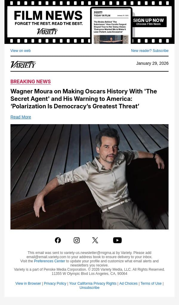Wagner Moura on Making Oscars History With 'The Secret Agent' and His Warning to America: ‘Polarization Is Democracy’s Greatest Threat’ email from Variety screenshot