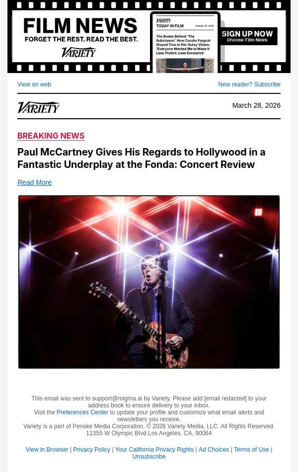 Paul McCartney Gives His Regards to Hollywood in a Fantastic Underplay at the Fonda: Concert Review email from Variety screenshot