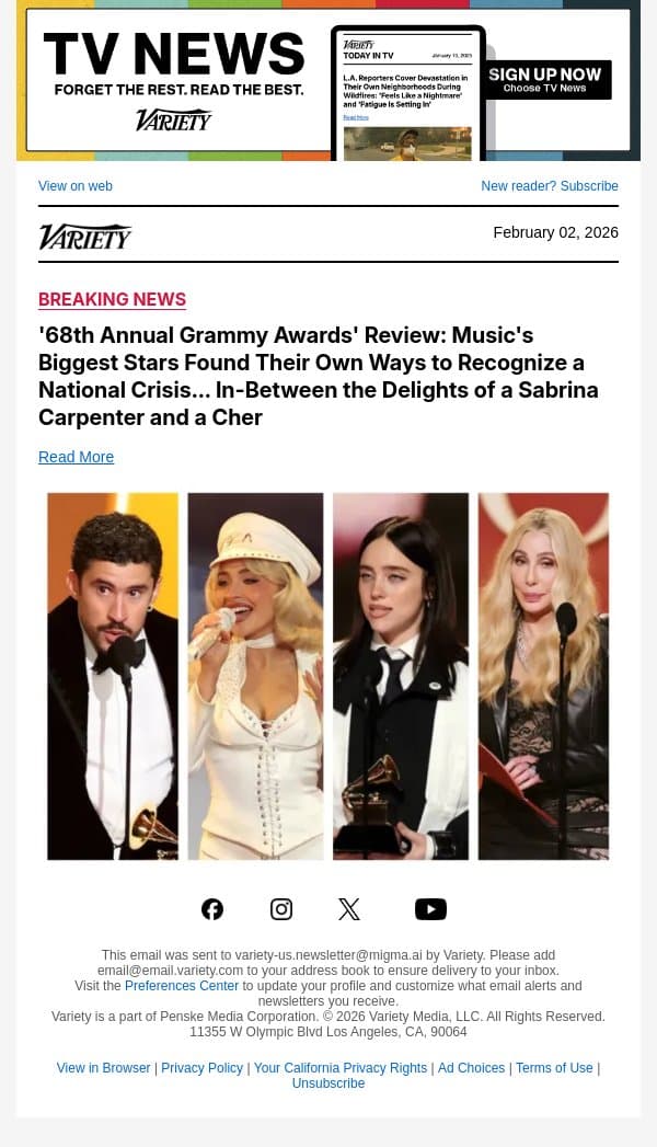 '68th Annual Grammy Awards' Review: Music's Biggest Stars Found Their Own Ways to Recognize a National Crisis... In-Between the Delights of a Sabrina Carpenter and a Cher email from Variety screenshot