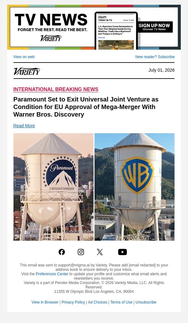 Paramount Set to Exit Universal Joint Venture as Condition for EU Approval of Mega-Merger With Warner Bros. Discovery email from Variety screenshot