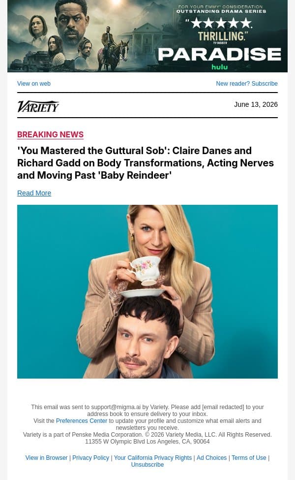 'You Mastered the Guttural Sob': Claire Danes and Richard Gadd on Body Transformations, Acting Nerves and Moving Past 'Baby Reindeer' email from Variety screenshot