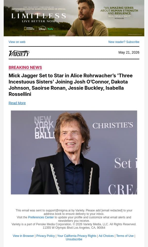 Mick Jagger Set to Star in Alice Rohrwacher’s 'Three Incestuous Sisters' Joining Josh O’Connor, Dakota Johnson, Saoirse Ronan, Jessie Buckley, Isabella Rossellini email from Variety screenshot
