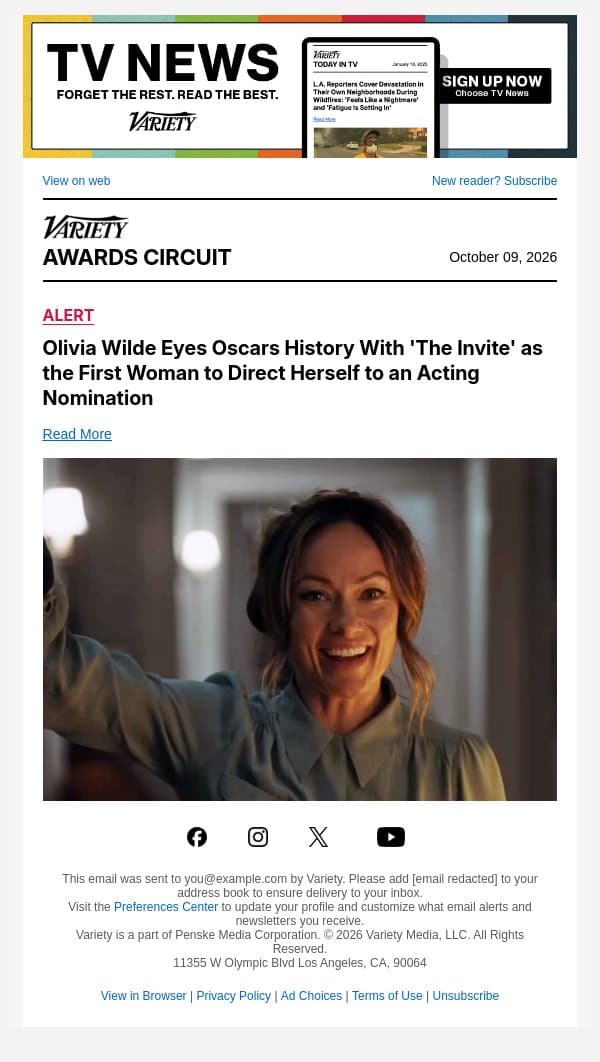 Olivia Wilde Eyes Oscars History With 'The Invite' as the First Woman to Direct Herself to an Acting Nomination email from Variety screenshot