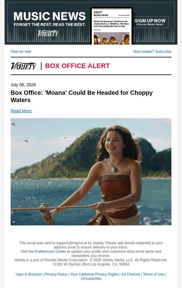 Box Office: 'Moana' Could Be Headed for Choppy Waters email from Variety screenshot
