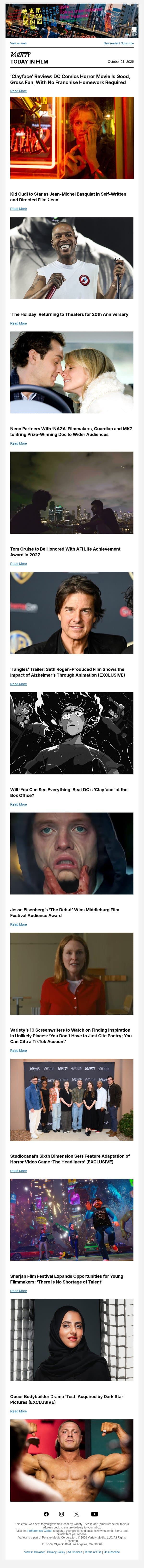 'Clayface' Review; Kid Cudi to Star as Basquiat in 'Jean'; 'The Holiday' Returns to Theaters email from Variety screenshot