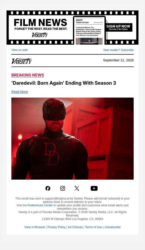 'Daredevil: Born Again' Ending With Season 3 email from Variety screenshot