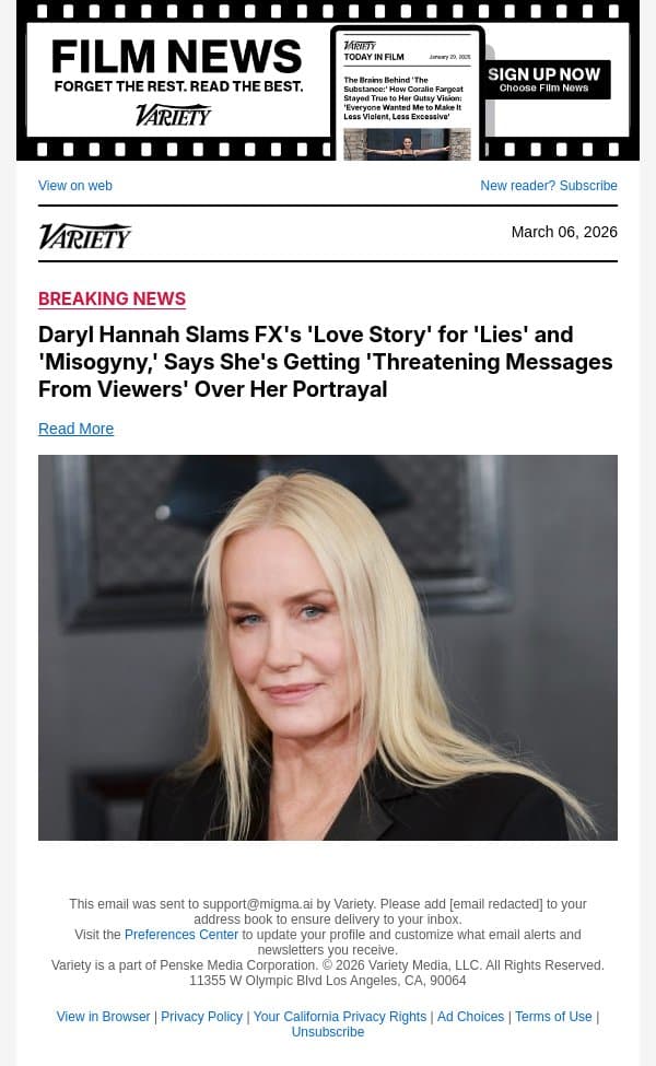 Daryl Hannah Slams FX's 'Love Story' for 'Lies' and 'Misogyny,' Says She's Getting 'Threatening Messages From Viewers' Over Her Portrayal email from Variety screenshot