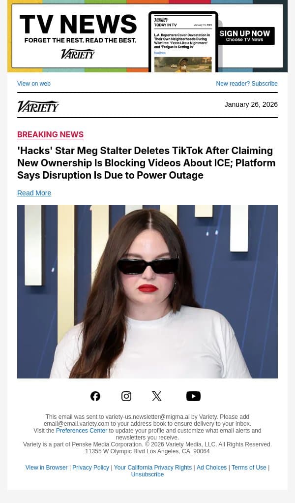 'Hacks' Star Meg Stalter Deletes TikTok After Claiming New Ownership Is Blocking Videos About ICE; Platform Says Disruption Is Due to Power Outage email from Variety screenshot