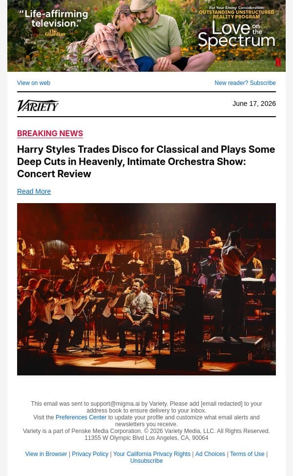 Harry Styles Trades Disco for Classical and Plays Some Deep Cuts in Heavenly, Intimate Orchestra Show: Concert Review email from Variety screenshot