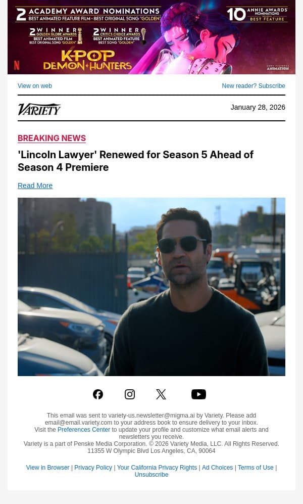 'Lincoln Lawyer' Renewed for Season 5 Ahead of Season 4 Premiere email from Variety screenshot