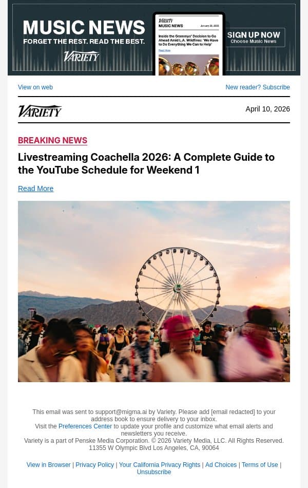 Livestreaming Coachella 2026: A Complete Guide to the YouTube Schedule for Weekend 1 email from Variety screenshot