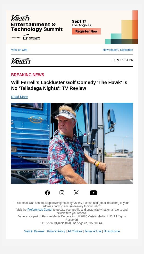 Will Ferrell's Lackluster Golf Comedy 'The Hawk' Is No 'Talladega Nights': TV Review email from Variety screenshot