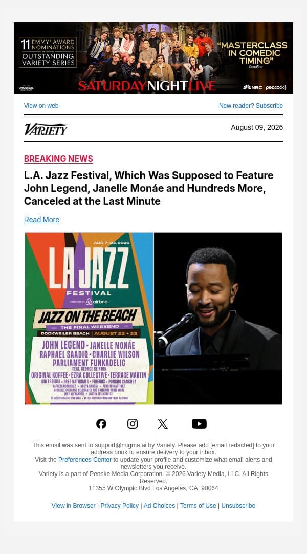 L.A. Jazz Festival, Which Was Supposed to Feature John Legend, Janelle Monáe and Hundreds More, Canceled at the Last Minute email from Variety screenshot