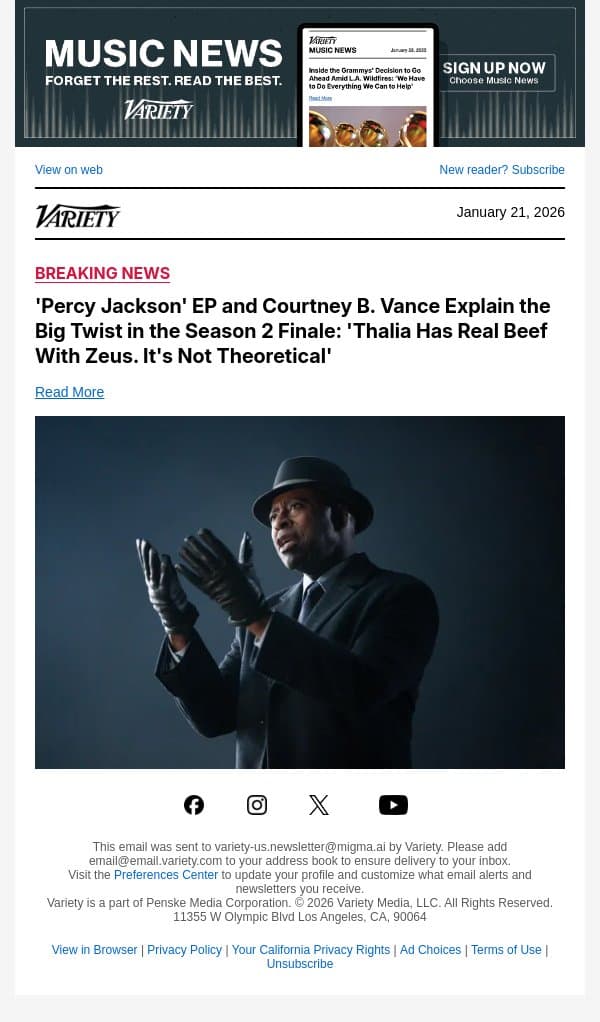 'Percy Jackson' EP and Courtney B. Vance Explain the Big Twist in the Season 2 Finale: 'Thalia Has Real Beef With Zeus. It's Not Theoretical' email from Variety screenshot
