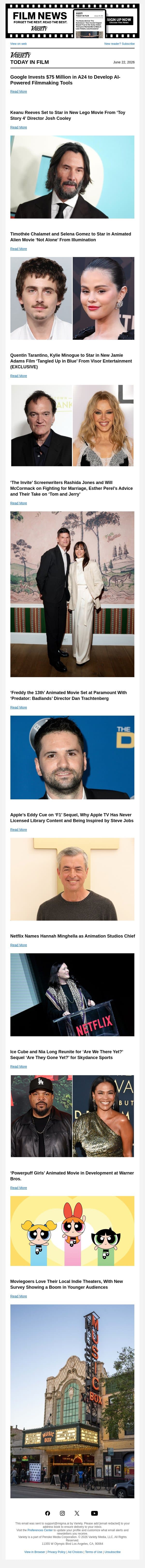 Google Invests in A24 for AI Research; Keanu Reeves Boards New Lego Movie; Timothée Chalamet, Selena Gomez Set Animated Illumination Movie email from Variety screenshot