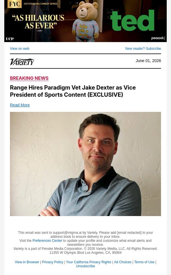 Range Hires Paradigm Vet Jake Dexter as Vice President of Sports Content (EXCLUSIVE) email from Variety screenshot