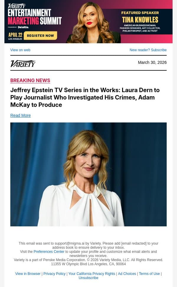 Jeffrey Epstein TV Series in the Works: Laura Dern to Play Journalist Who Investigated His Crimes, Adam McKay to Produce email from Variety screenshot