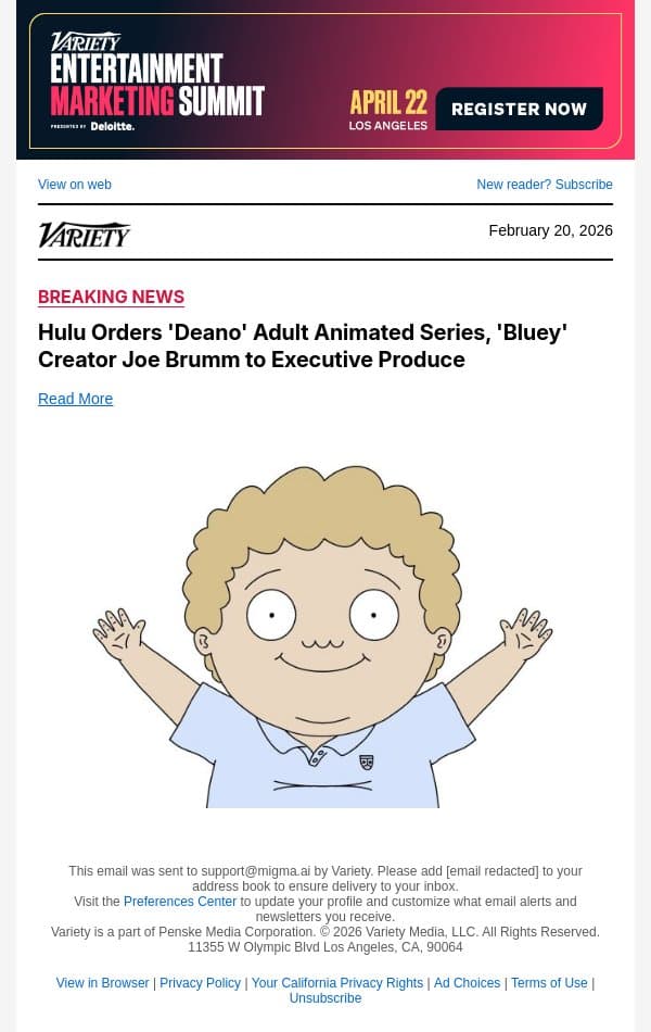 Hulu Orders 'Deano' Adult Animated Series, 'Bluey' Creator Joe Brumm to Executive Produce email from Variety screenshot